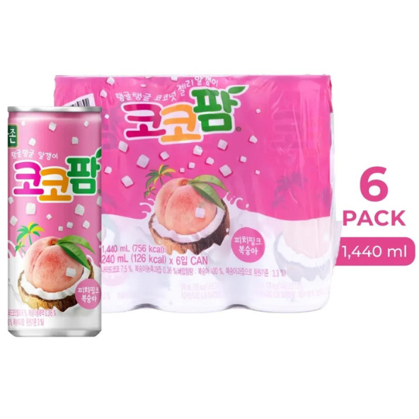 HAITAI Coco Palm Peach Drink Pack of 6 (240ml x 6Cans) – Refreshing Korean Drink with Coconut Jelly